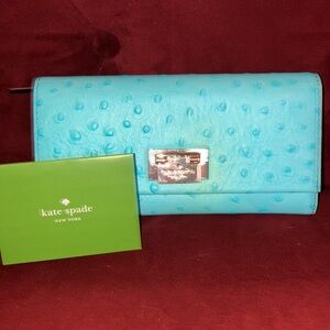 KATE SPADE CYNDY WELLESLEY OSTRICH embossed leather turquoise WALLET NWT
